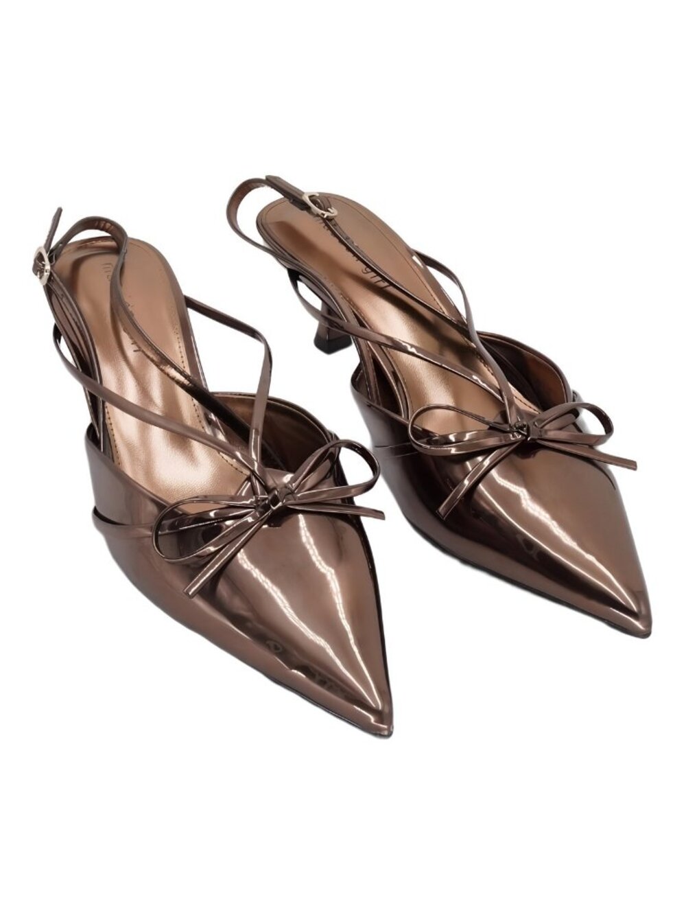 Madden Girl Women's Vixen Bow Slingback Kitten Heel Pumps Bronze Foil Brown 11M